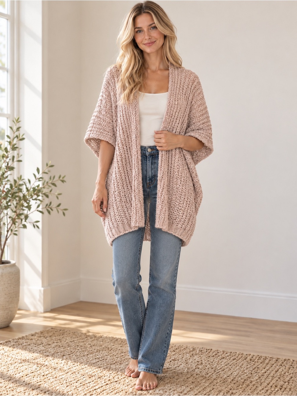 aerie Tan Open-Front Chunky Knit Cardigan